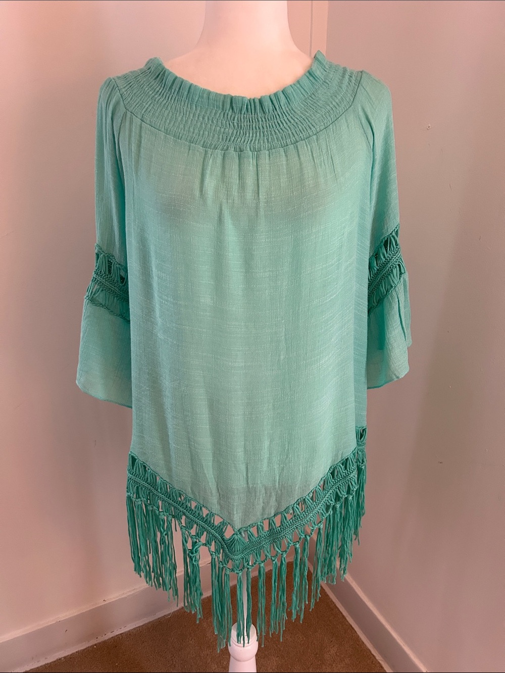 India Boutique Mint Green Fringed Beach Coverup sz S-L